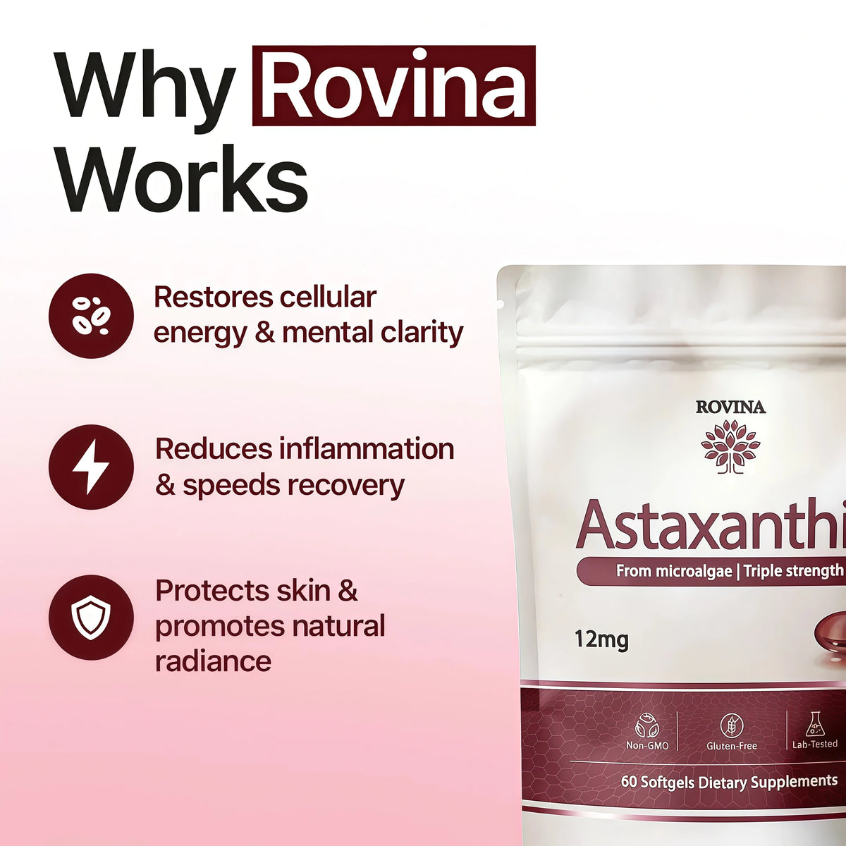 ROVINA Astaxanthin 12mg Softgels, Antioxidant Supplement Support, 60 Count Triple Strength Natural Astaxanthin from Haematococcus Microalgae for Skin Glow, Heart & Immune Support, Easy to Swallow