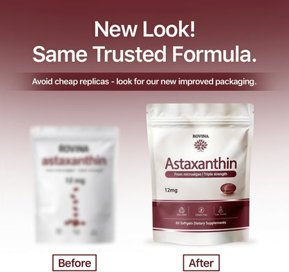 ROVINA Astaxanthin 12mg Softgels, Antioxidant Supplement Support, 60 Count Triple Strength Natural Astaxanthin from Haematococcus Microalgae for Skin Glow, Heart & Immune Support, Easy to Swallow
