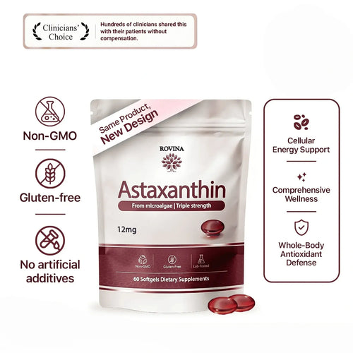 ROVINA Astaxanthin 12mg Softgels, Antioxidant Supplement Support, 60 Count Triple Strength Natural Astaxanthin from Haematococcus Microalgae for Skin Glow, Heart & Immune Support, Easy to Swallow